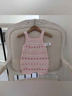 🤍 Adorable Pink 100% Cotton Knit Baby Romper with Red Heart Detail NWT